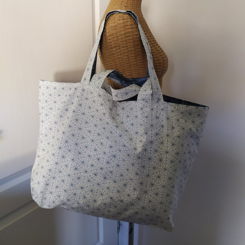 Tote bag xxl réversible - modèle bleu & bois