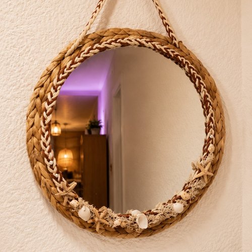 Miroir rond bohème en osier/coquillages – déco murale