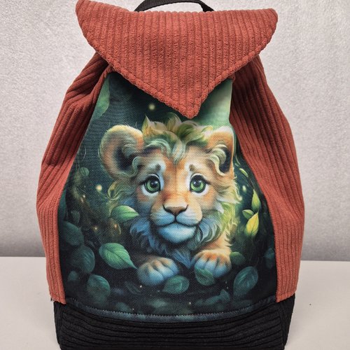 Sac à dos "lion" velours rouille