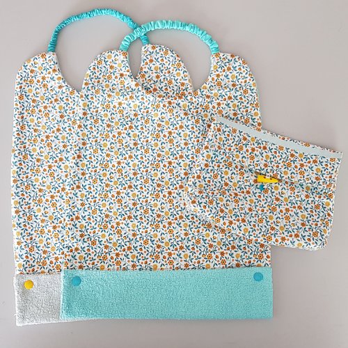 Lot 2 serviettes cantine enfant + trousse turquoise, petites fleurs jaunes
