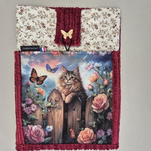 Protège livre ou liseuse ou tablette, avec poche, chat papillons