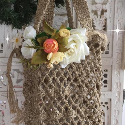 * sac  filet fleuri * lin, coton, fleurs en tissu