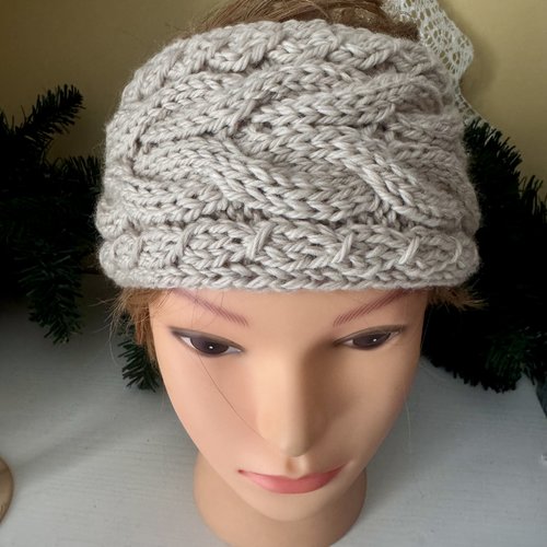 * bandeau de tête beige    * tricot 100 % pure laine vierge