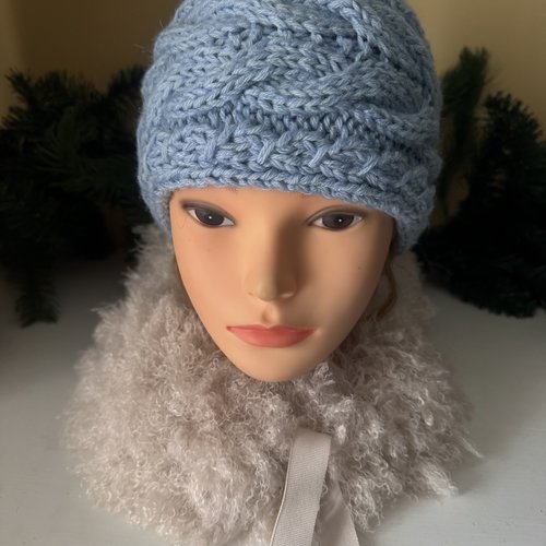 * bandeau de tête bleu ciel     * tricot 100 % pure laine vierge