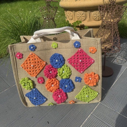 **  sac cabas bohème chic ** toile , perles et fleurs en coton