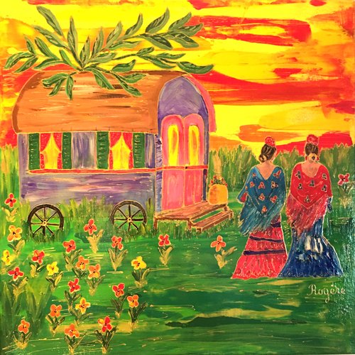 Tableau "la roulotte" - série "gitanes et couleurs"