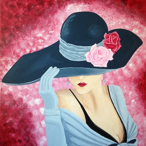 la femme au chapeau" tableau peint à l'acrylique sur toile 50 x 70 - Un  grand marché