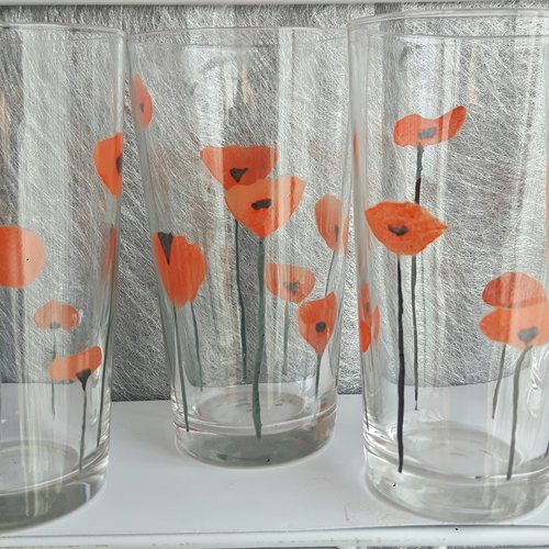4 verres à orangeade peint main coquelicots 