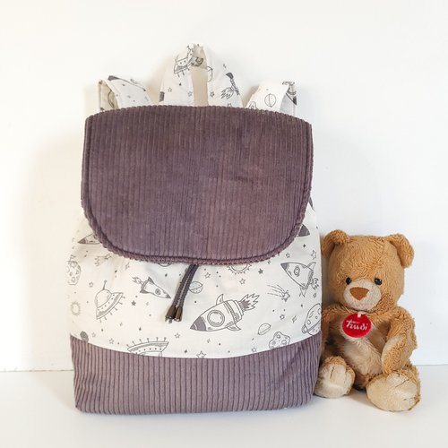 Sac maternelle en velours gris, sac école garçon – sac enfant fusée en velours gris – sac école fait main,