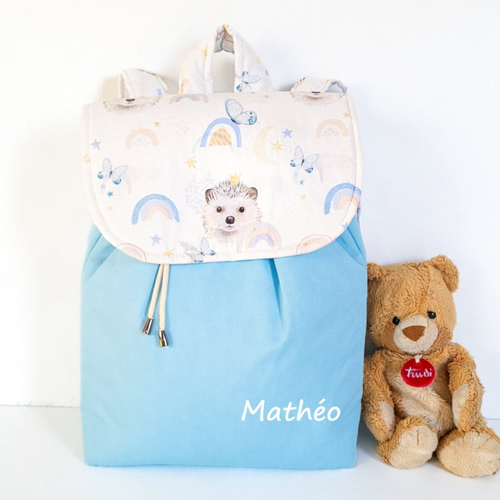 Sac à dos enfant herisson, sac maternelle bleu ciel, sac hérisson , sac maternelle imperméable, sac crèche personnalisé garçon