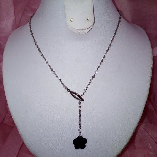 Collier acier inoxydable coulissant "fleur noire"