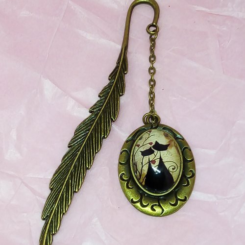 Marque-page bronze plume "couple chats noirs"