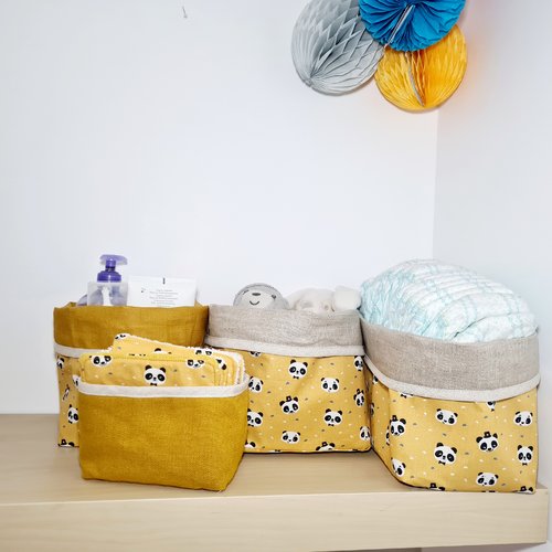 Paniers de rangement table à langer, panières à couches, lingettes coton imprimé pandas jaunes