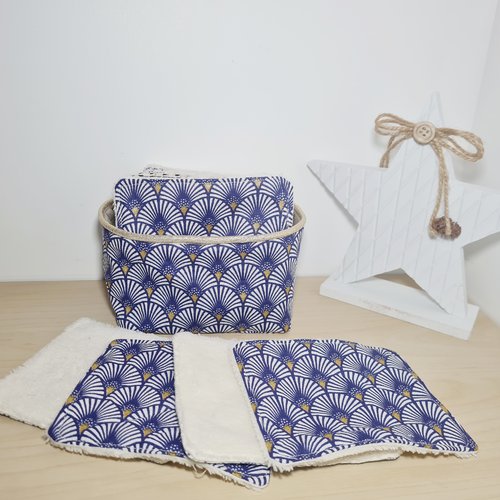 Lingettes lavables démaquillantes et leur panier de rangement imprimé écailles bleus