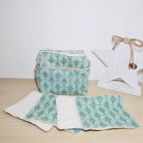 Lingettes lavables démaquillantes et leur panier de rangement imprimé écailles vertes