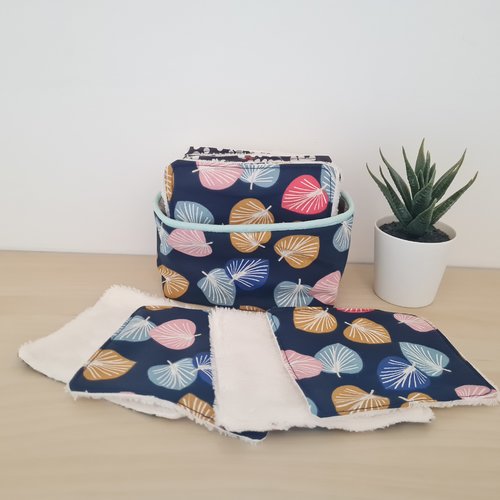 Lingettes lavables démaquillantes et leur panier de rangement imprimé feuilles