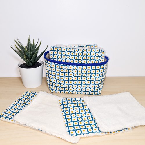 Lingettes lavables démaquillantes et leur panier de rangement imprimé graphique bleu