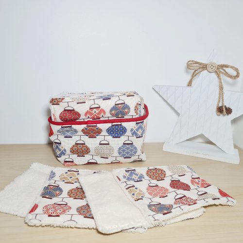 Lingettes lavables démaquillantes et leur panier de rangement imprimé lampions japonais