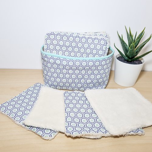Lingettes lavables démaquillantes et leur panier de rangement imprimé maki bleu