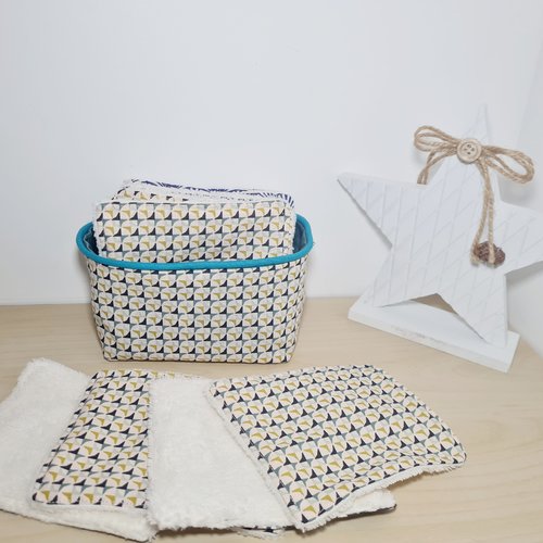 Lingettes lavables démaquillantes et leur panier de rangement imprimé moulins bleus