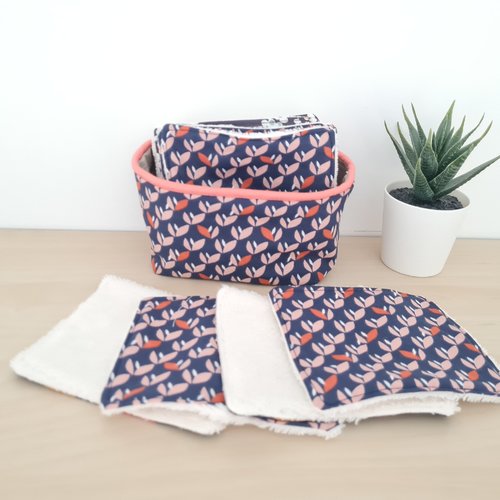 Lingettes lavables démaquillantes et leur panier de rangement imprimé tulipes