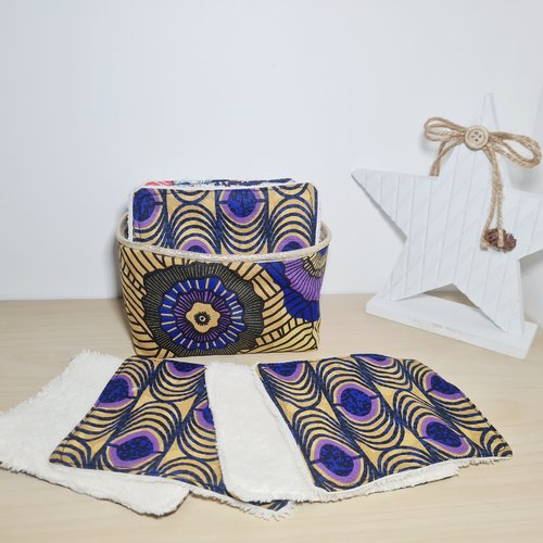Lingettes lavables démaquillantes et leur panier de rangement imprimé wax