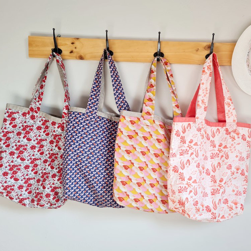 Sac cabas, tote-bag, sac de plage en coton imprimé et lin enduit