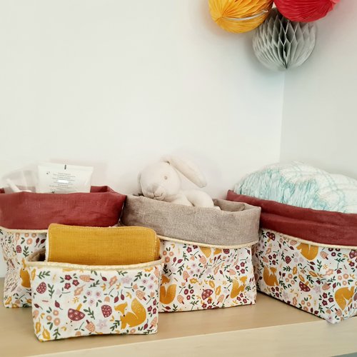 Paniers de rangement table à langer, panières à couches, lingettes en coton imprimé renard