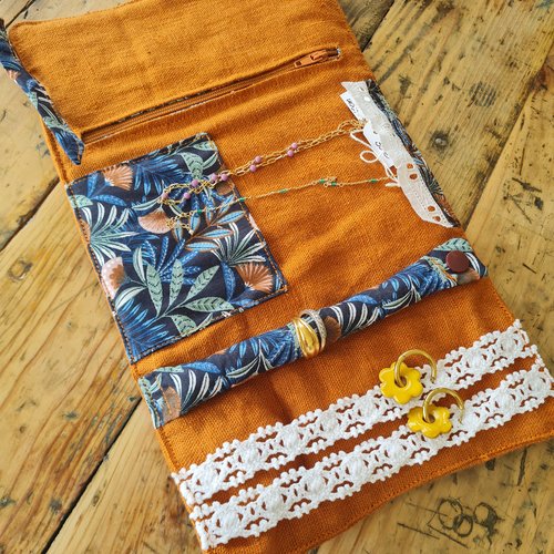 Pochette à bijoux de voyage en lin cuivre et imprimécahuita