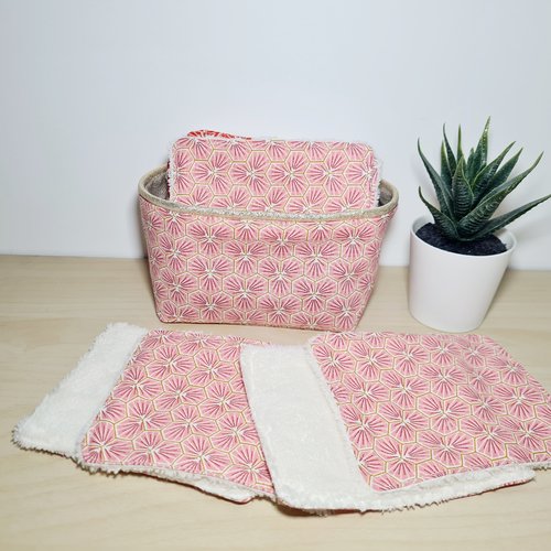 Lingettes lavables démaquillantes et leur panier de rangement imprimé ryad rose