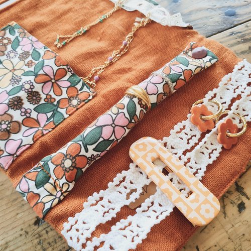Pochette à bijoux de voyage en lin cuivre et imprimé josette