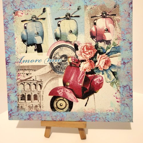 Petit tableau sur toile dure réaisé en serviettage et peinture "scootter vintage"