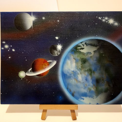 Petit tableau sur toile dure, peint avec la technique de l'aérographie "planètes"