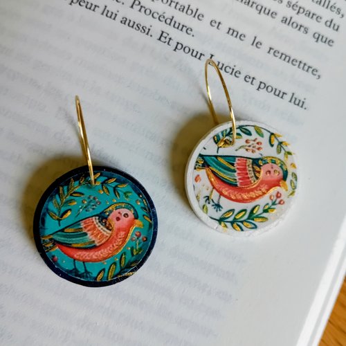 Boucles d'oreilles artisanales en argile "les deux oiseaux"