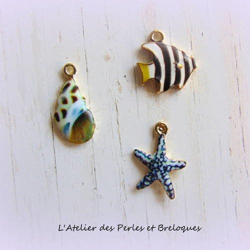 3 breloques poisson coquillage etoile de mer (r064) 