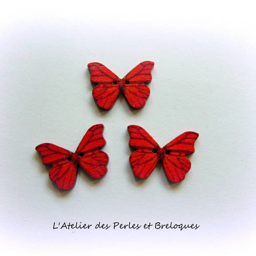 3 boutons en bois papillon - rouge (r256) 