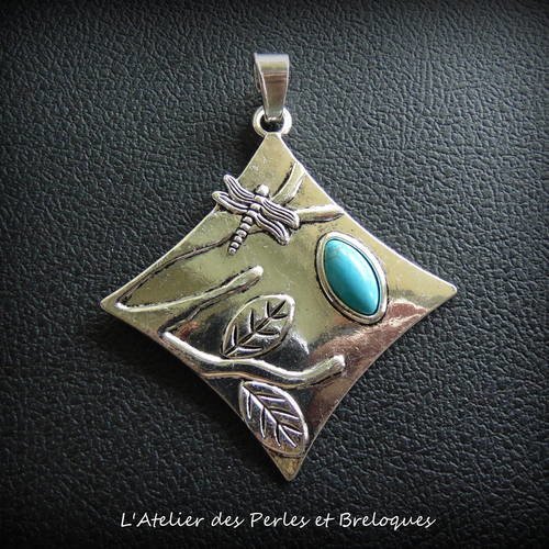 Grand pendentif boheme turquoise/metal argente (r364) 