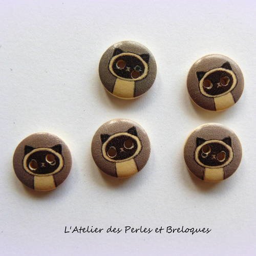 5 boutons bois motif chat 15 mm - gris (r839) 