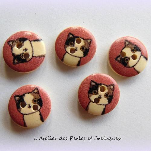 5 boutons bois motif chat 15 mm - rose (r839) 
