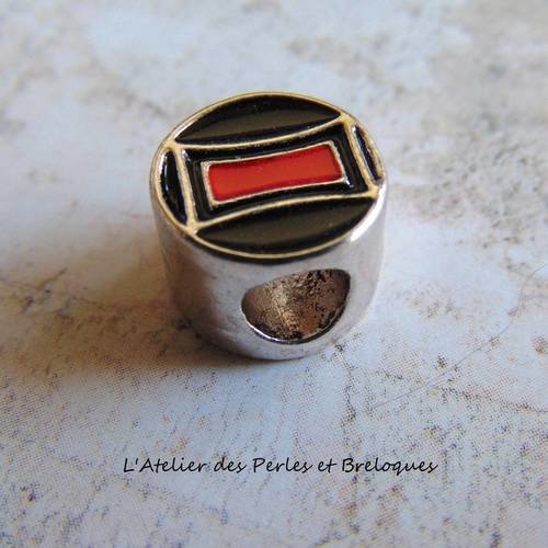 Perle europeenne metal argent email rouge et noir (r238) 