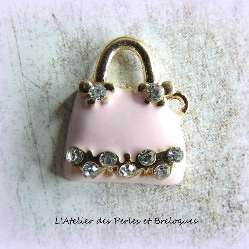 Breloque - pendentif sac a main email rose strass (r816) 