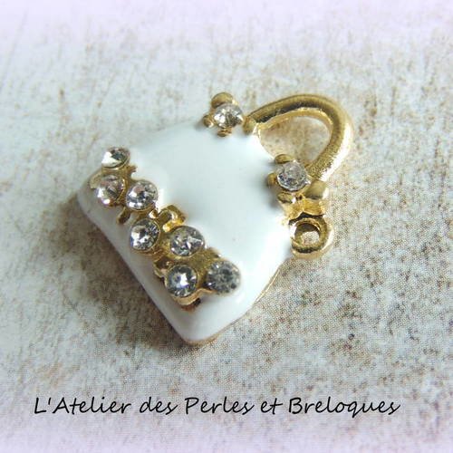 Breloque - pendentif sac a main email blanc strass (r816) 