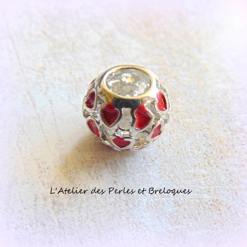 Perle europeenne pandora coeurs rouges metal argent mat email (r827) 