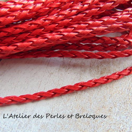 Cordon cuir tresse rouge 3 mm (r953) 