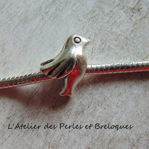 Perle europeenne charm oiseau metal argente (r426) 
