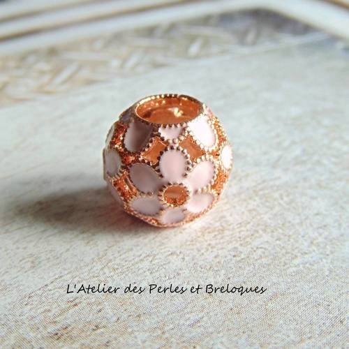 Perle europeenne pandora couleur or rose fleurs emaillees (r843) 