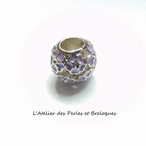Perle europeenne pandora fleurs parme metal argent mat email (r826)