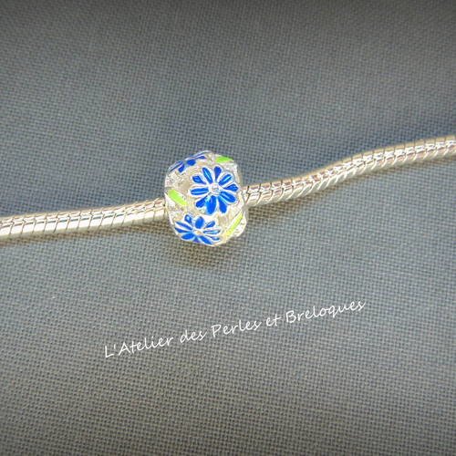 Perle europeenne pandora fleurs bleues metal argente email (r820) 