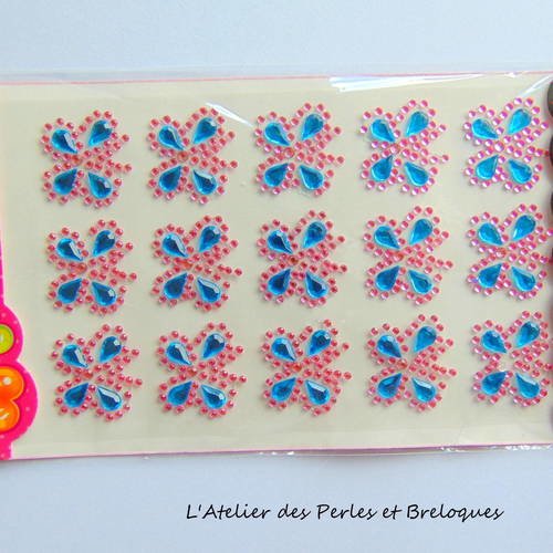 1 planche de stickers strass papillons rose et bleus (r336) 
