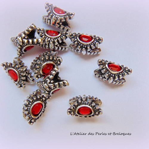 Perle europenne metal argente strass rouge 15 mm x 11 mm (r294) 